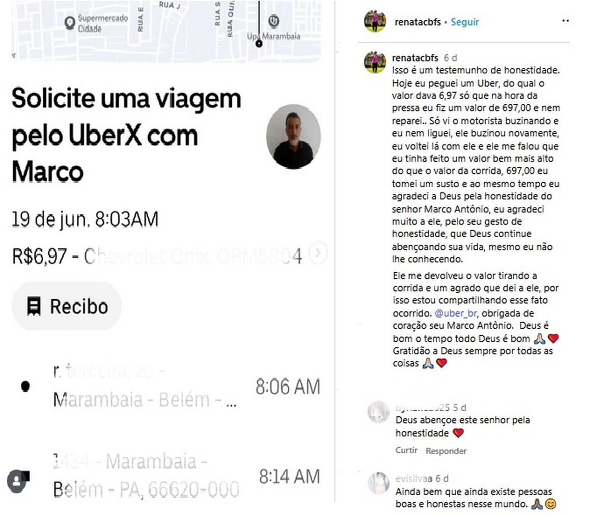 História de honestidade viraliza: por engano, passageira paga 100 vezes mais em corrida e motorista devolve valor no Pará